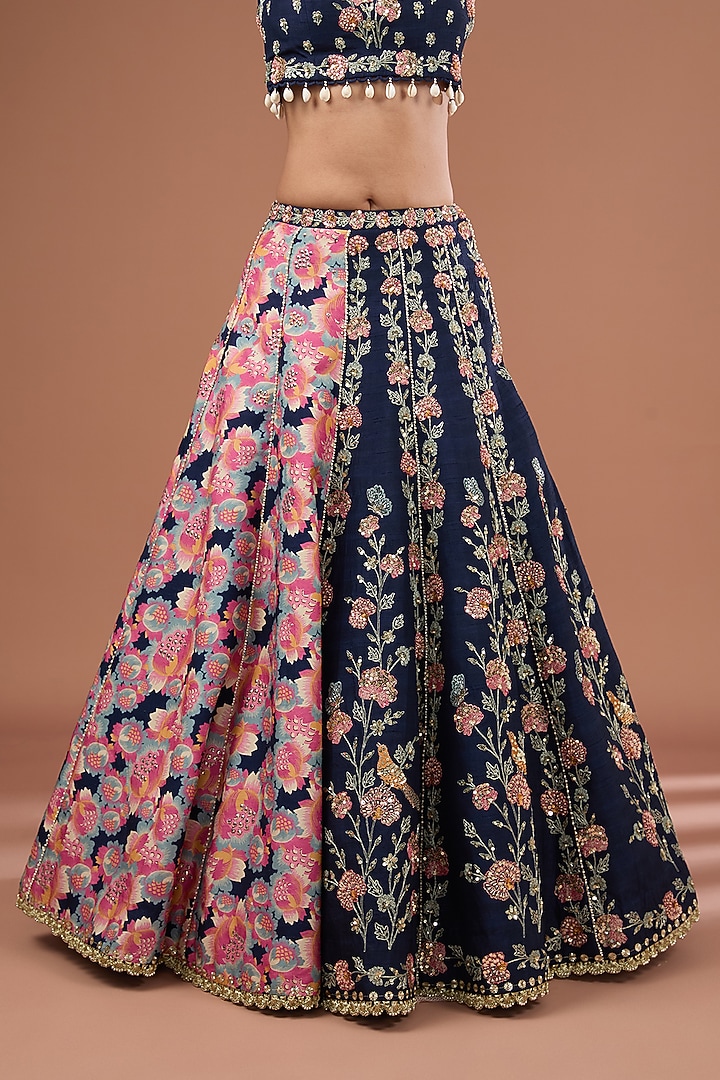 Indigo Silk Printed & Embroidered Concept Wedding Lehenga Set by Ivory by dipika at Pernia's Pop Up Shop