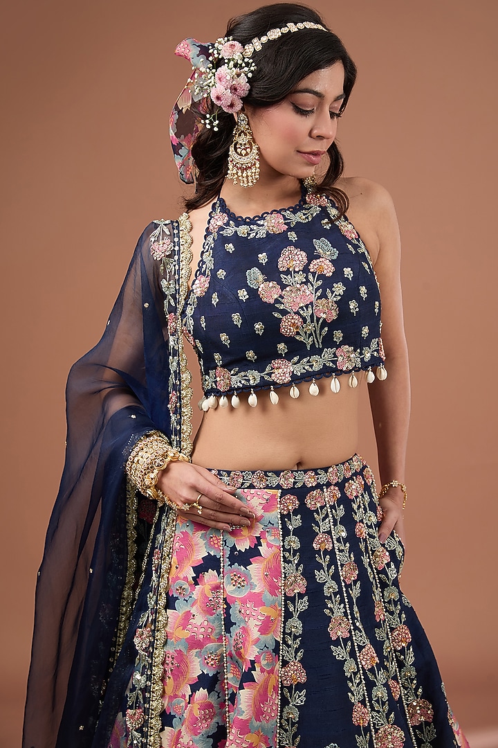 Indigo Silk Printed & Embroidered Concept Wedding Lehenga Set by Ivory by dipika at Pernia's Pop Up Shop