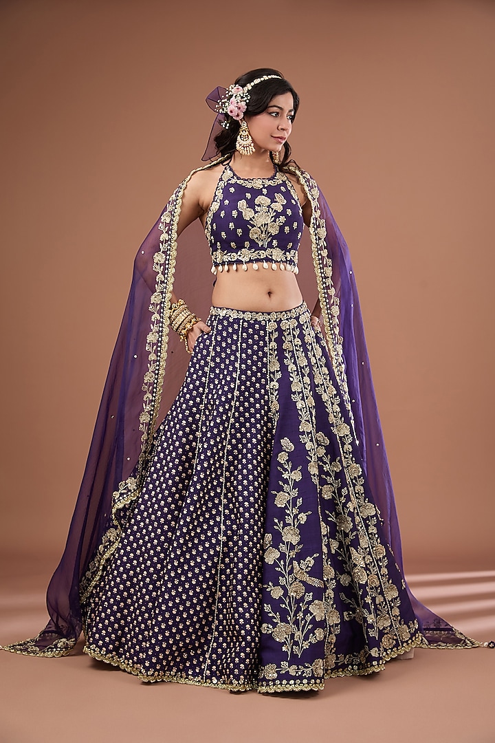 Royal Purple Silk Printed & Embroidered Concept Lehenga Set by Ivory by dipika