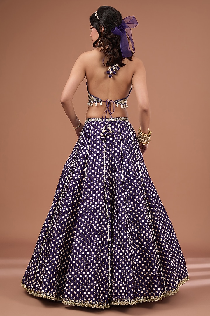 Royal Purple Silk Printed & Embroidered Concept Wedding Lehenga Set by Ivory by dipika at Pernia's Pop Up Shop
