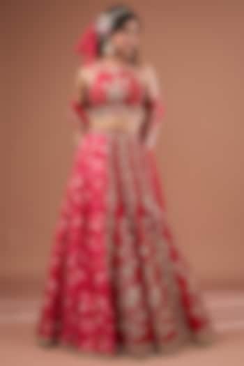 Cherry Red Silk Printed & Embroidered Concept Lehenga Set by Ivory by dipika