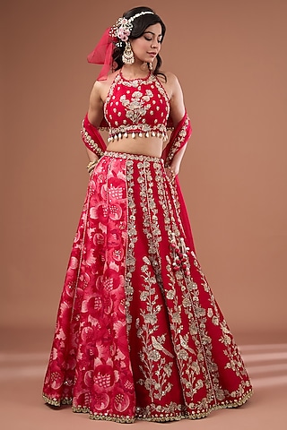 Cherry Red Silk Printed & Embroidered Concept Lehenga Set by Ivory by dipika