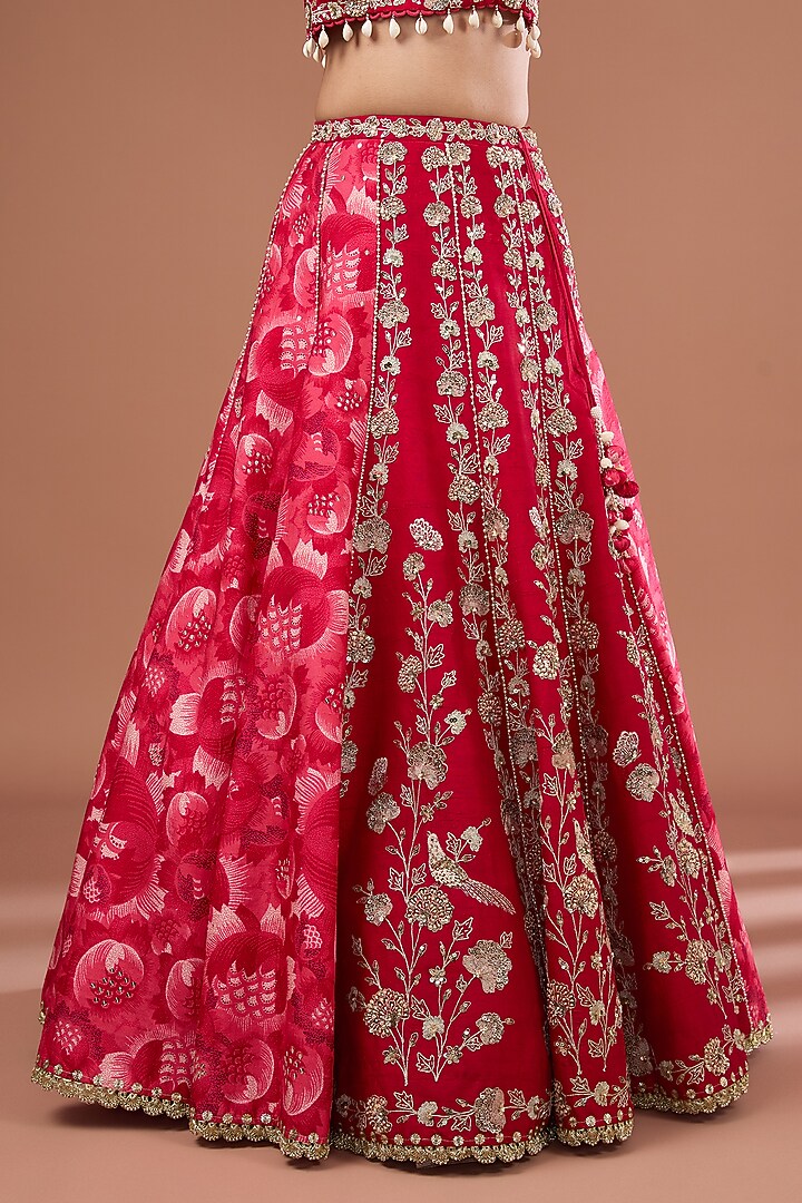 Cherry Red Silk Printed & Embroidered Concept Wedding Lehenga Set by Ivory by dipika at Pernia's Pop Up Shop