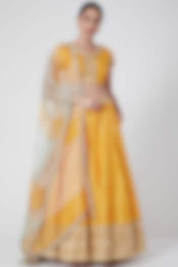 Mustard Embroidered Flared Wedding Lehenga Set by Ivory by dipika at Pernia's Pop Up Shop