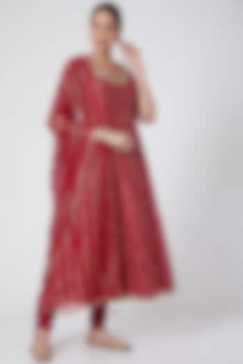 Red Embroidered Anarkali Set by Ivory by dipika