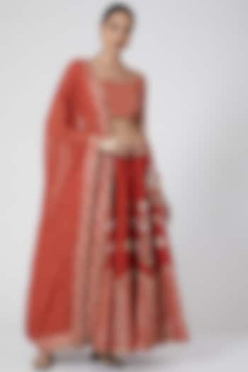 Orange Embroidered Kalidar Wedding Lehenga Set by Ivory by dipika at Pernia's Pop Up Shop