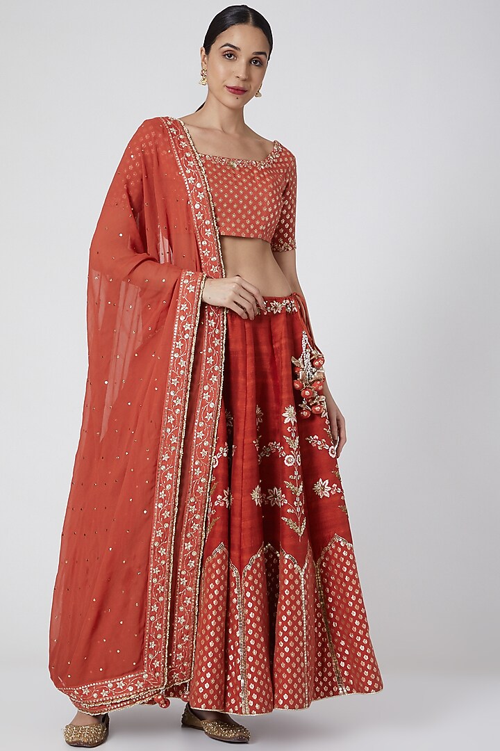 Orange Embroidered Kalidar Wedding Lehenga Set by Ivory by dipika at Pernia's Pop Up Shop