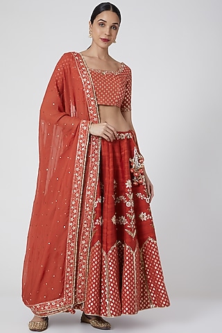 Orange Embroidered Kalidar Lehenga Set by Ivory by dipika