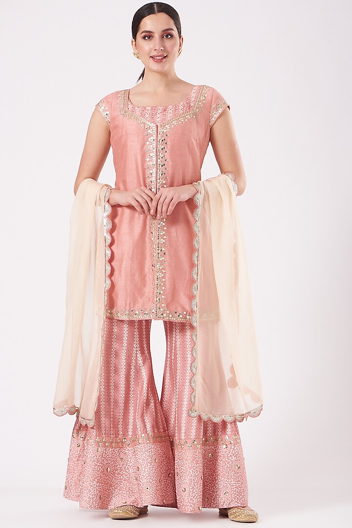 Rose Pink Embroidered Short Jacket Set by Ivory by dipika