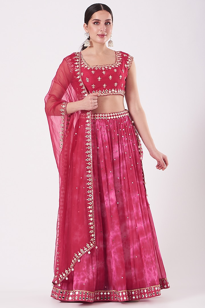 Hot Pink Printed & Embroidered Flared Lehenga Set by Ivory by dipika