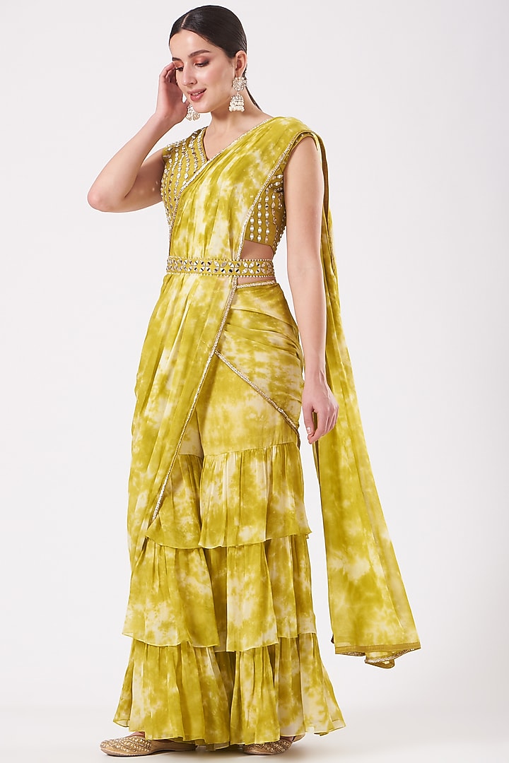 Moss Green Georgette Tiered Gharara Wedding Saree Set by Ivory by dipika at Pernia's Pop Up Shop