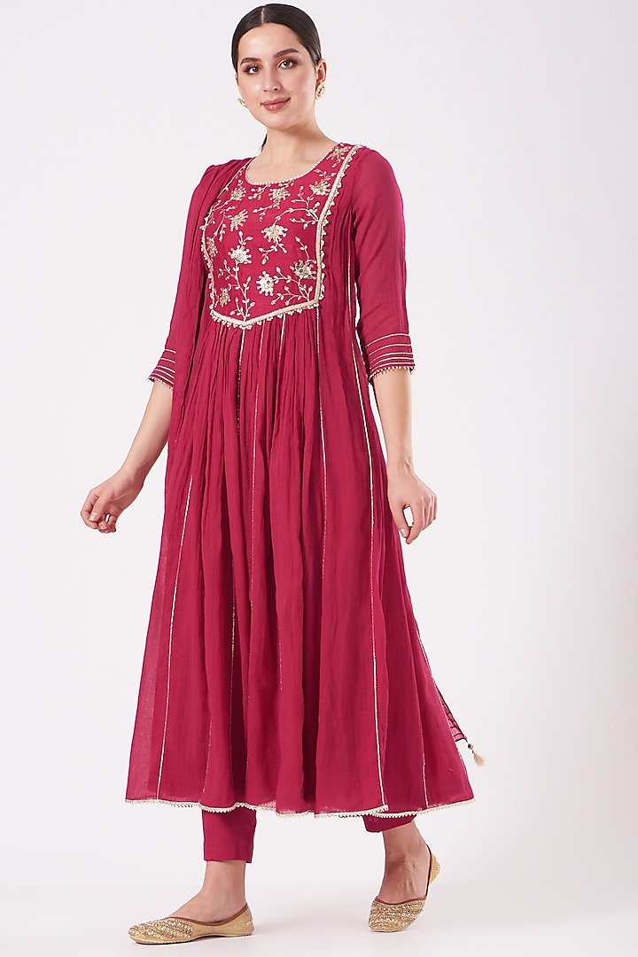 Cherry Red Embroidered Crinkled Anarkali Set by Ivory by dipika