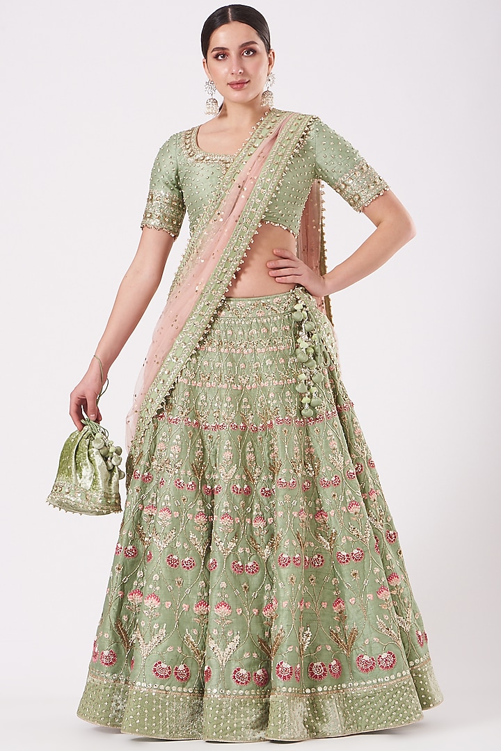 Mint Embroidered Bridal Bridal Lehenga Set by Ivory by dipika at Pernia's Pop Up Shop