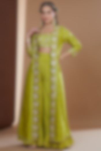 Moss Green Chinon Chiffon Printed Wedding Sharara Set by Ivory by dipika at Pernia's Pop Up Shop