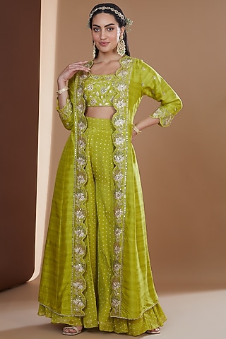 Moss Green Chinon Chiffon Printed Sharara Set by Ivory by dipika