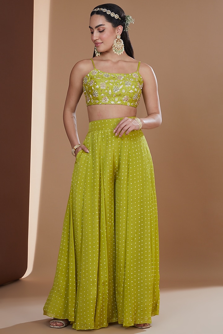 Moss Green Chinon Chiffon Printed Wedding Sharara Set by Ivory by dipika at Pernia's Pop Up Shop