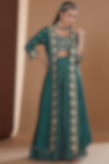 Teal Chinon Chiffon Printed Wedding Sharara Set by Ivory by dipika at Pernia's Pop Up Shop
