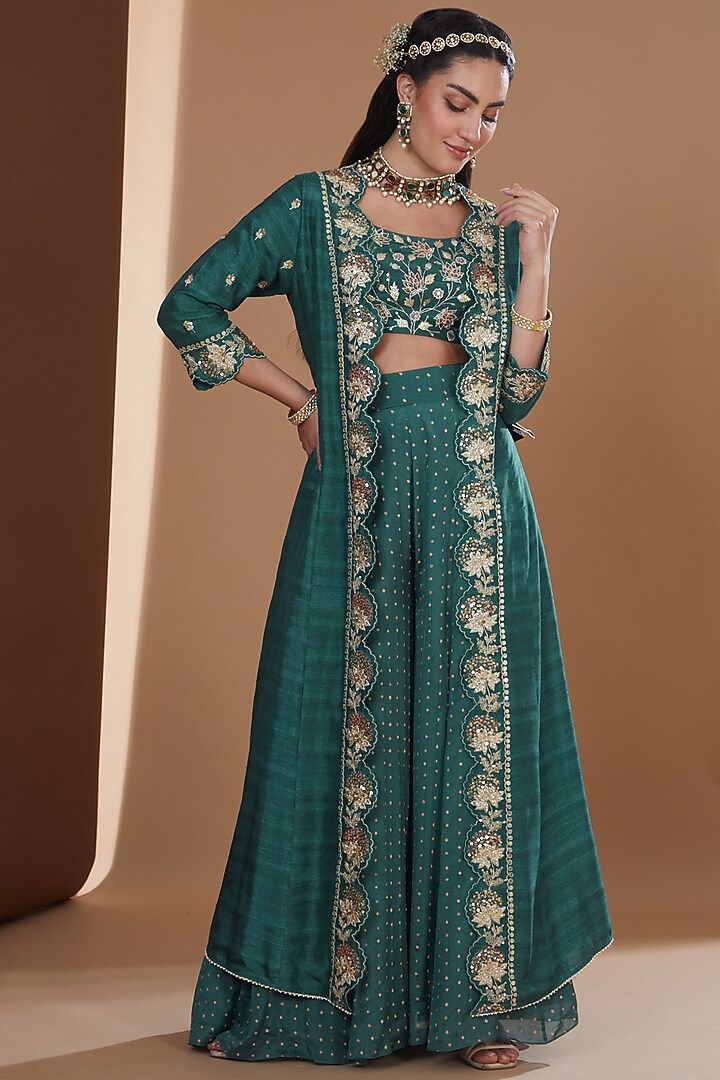 Teal Chinon Chiffon Printed Wedding Sharara Set by Ivory by dipika at Pernia's Pop Up Shop