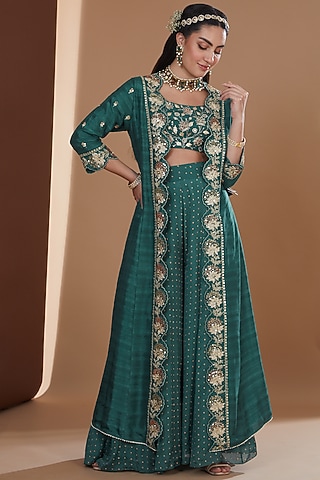 Teal Chinon Chiffon Printed Sharara Set by Ivory by dipika