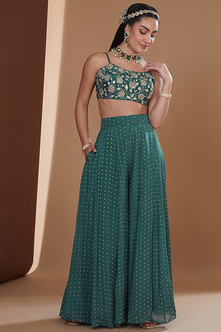 Teal Chinon Chiffon Printed Wedding Sharara Set by Ivory by dipika at Pernia's Pop Up Shop
