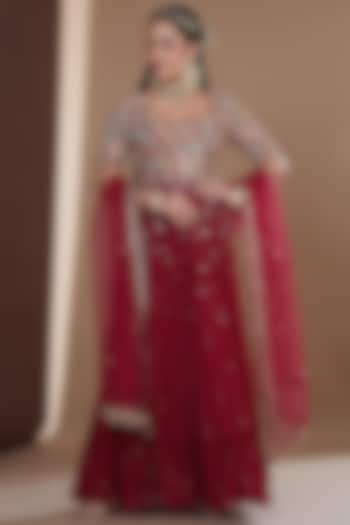 Cherry Red Silk Embroidered Anarkali Set by Ivory by dipika