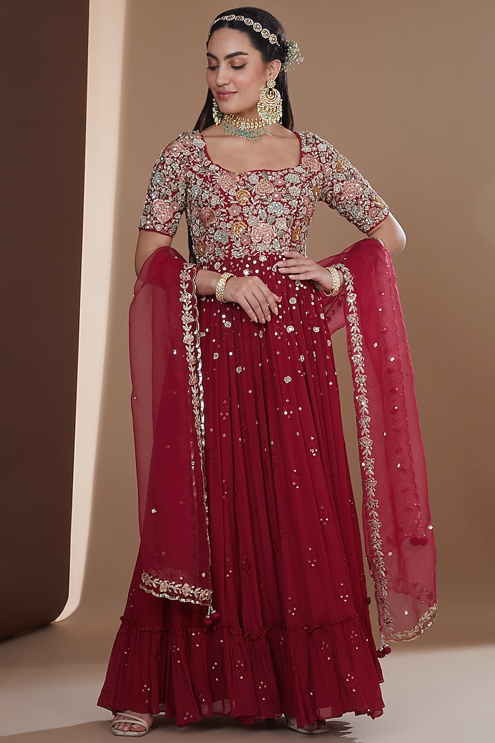 Cherry Red Silk Embroidered Anarkali Set by Ivory by dipika