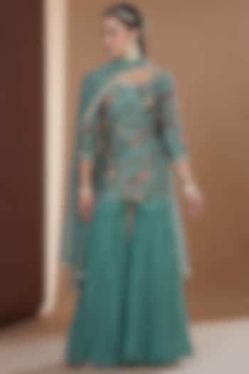 Turquoise Chinon Chiffon Gharara Set by Ivory by dipika