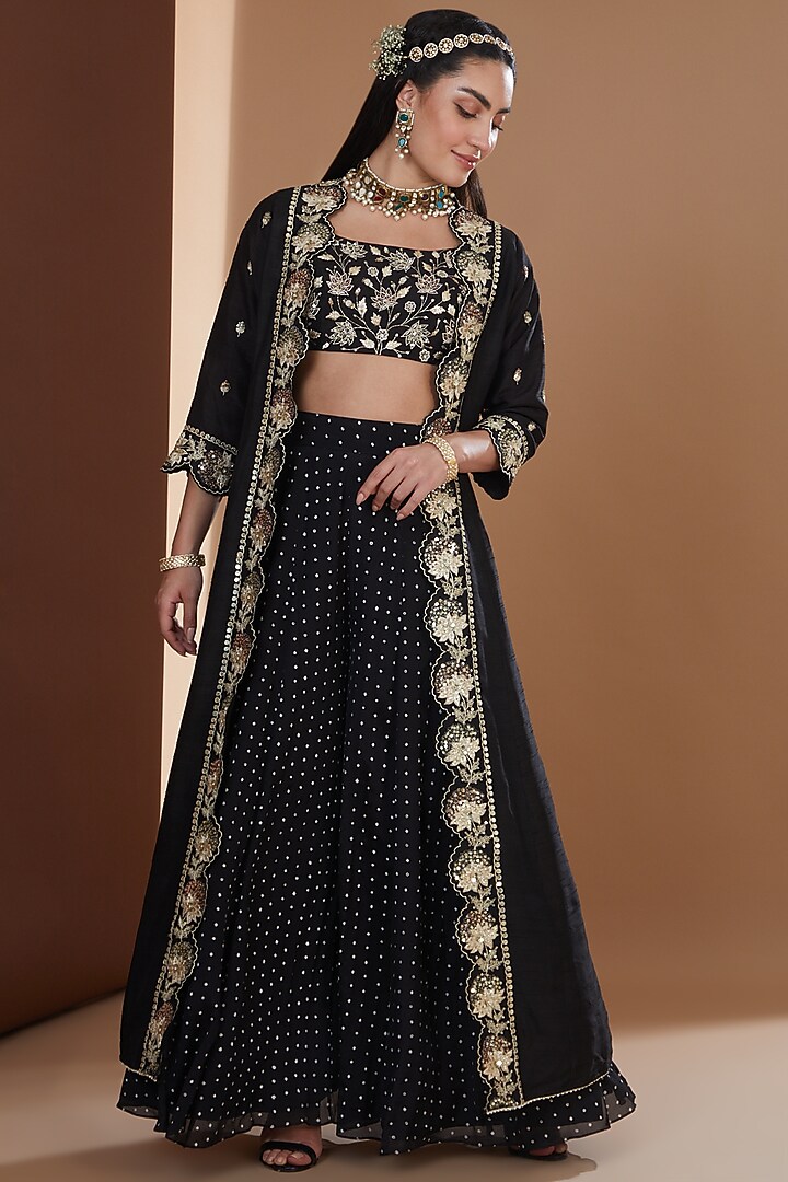 Black Chinon Chiffon Printed Wedding Sharara Set by Ivory by dipika at Pernia's Pop Up Shop