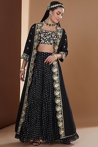 Black Chinon Chiffon Printed Sharara Set by Ivory by dipika
