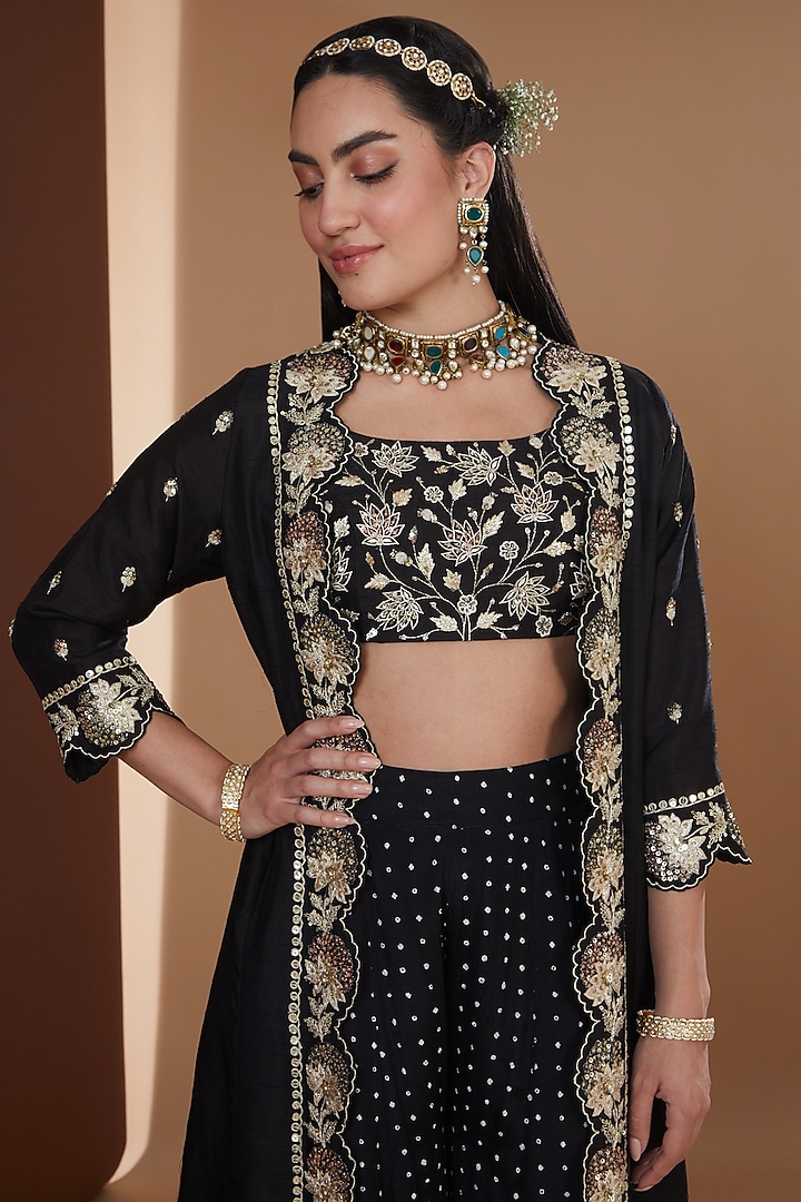 Black Chinon Chiffon Printed Wedding Sharara Set by Ivory by dipika at Pernia's Pop Up Shop