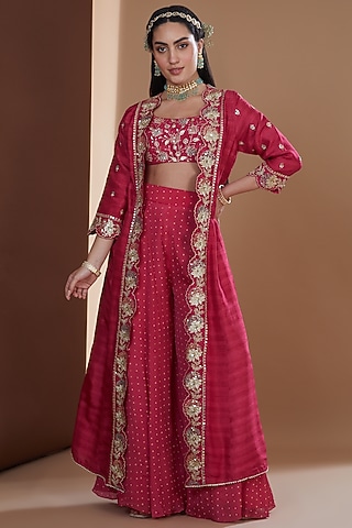 Fuchsia Pink Chinon Chiffon Printed Sharara Set by Ivory by dipika