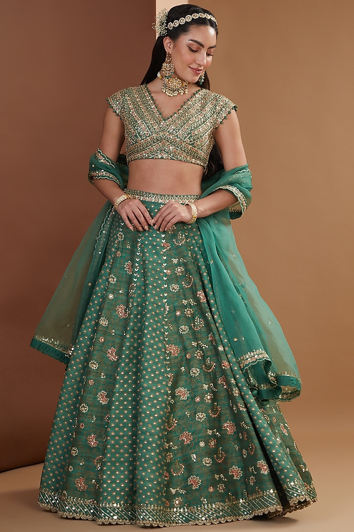 Fern Green Silk Embroidered Lehenga Set by Ivory by dipika