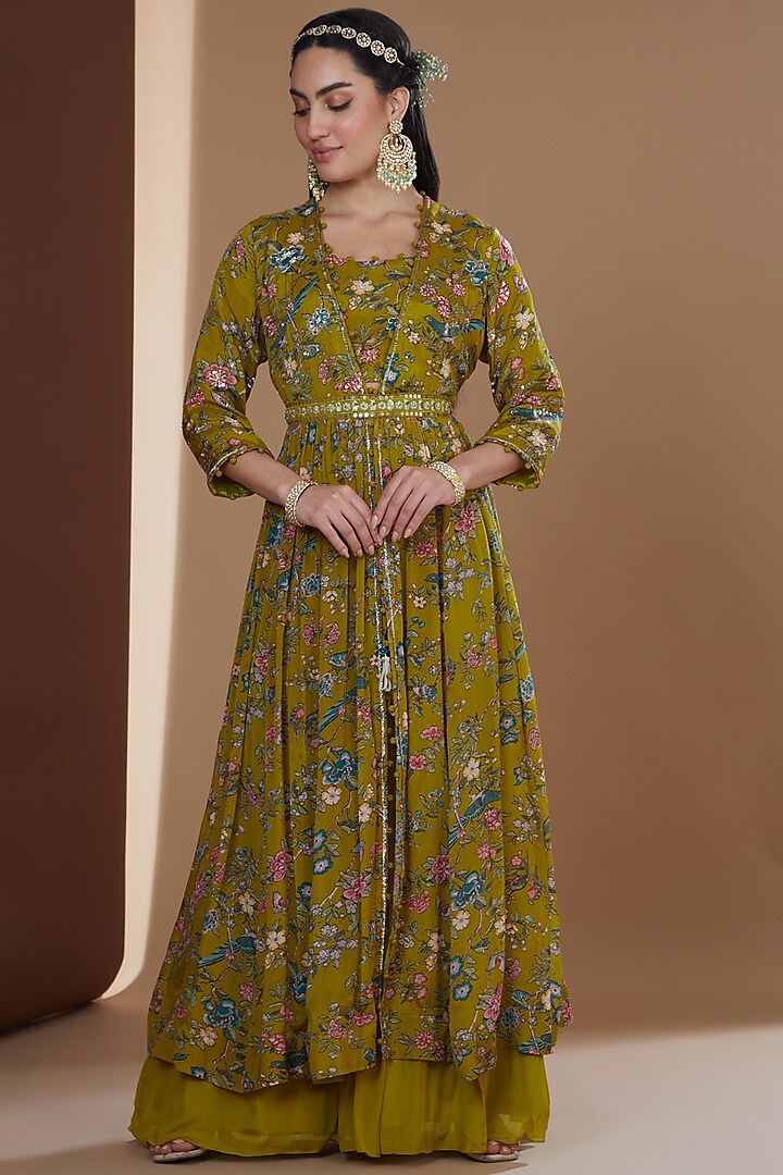 Olive Green Chiffon Printed & Embroidered Gharara Set by Ivory by dipika