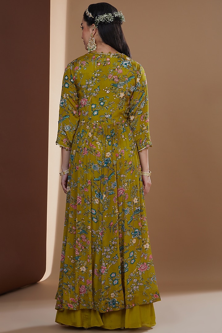 Olive Green Chiffon Printed & Embroidered Gharara Set by Ivory by dipika at Pernia's Pop Up Shop