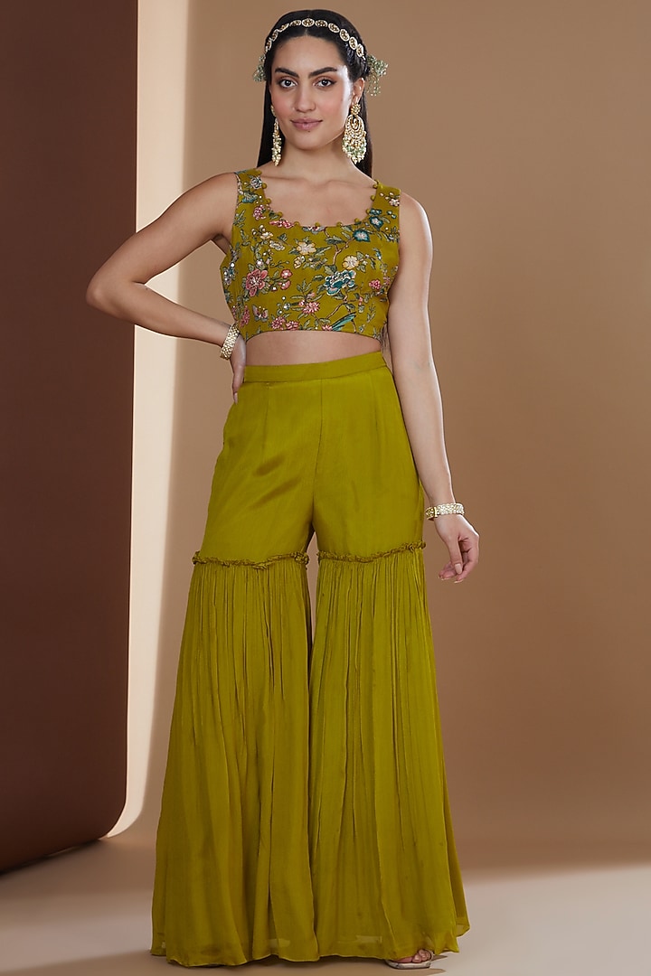 Olive Green Chiffon Printed & Embroidered Gharara Set by Ivory by dipika at Pernia's Pop Up Shop