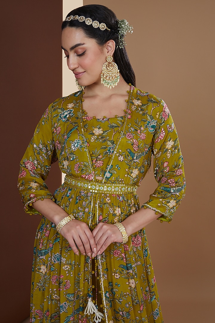 Olive Green Chiffon Printed & Embroidered Gharara Set by Ivory by dipika at Pernia's Pop Up Shop
