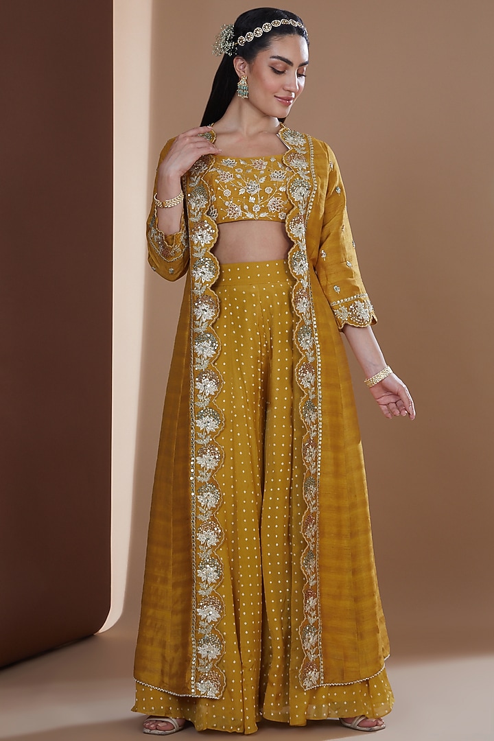 Mustard Chinon Chiffon Printed Wedding Sharara Set by Ivory by dipika at Pernia's Pop Up Shop