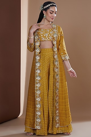 Mustard Chinon Chiffon Printed Sharara Set by Ivory by dipika