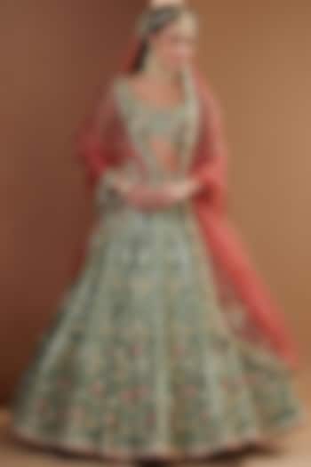 Aqua Silk Embroidered Bridal Lehenga Set by Ivory by dipika at Pernia's Pop Up Shop