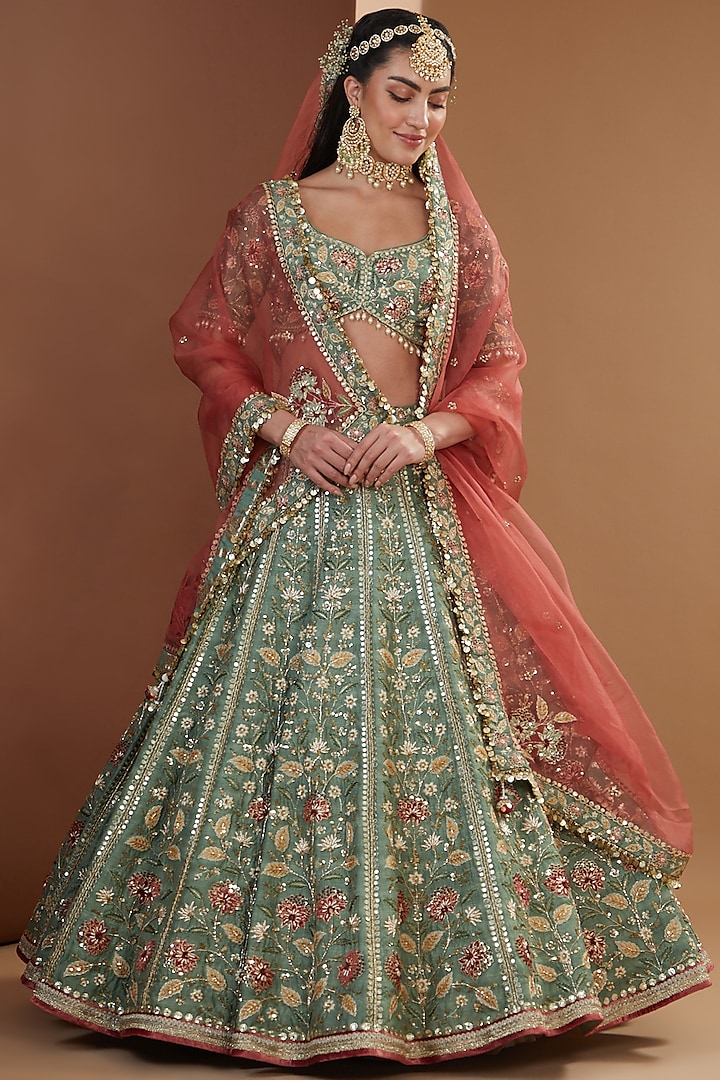 Aqua Silk Embroidered Bridal Lehenga Set by Ivory by dipika at Pernia's Pop Up Shop