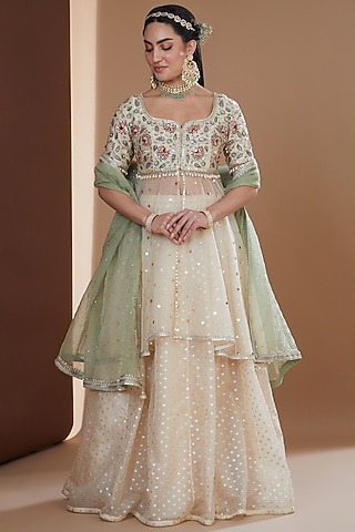 Ecru Banarasi Zari Booti Organza Lehenga Set by Ivory by dipika