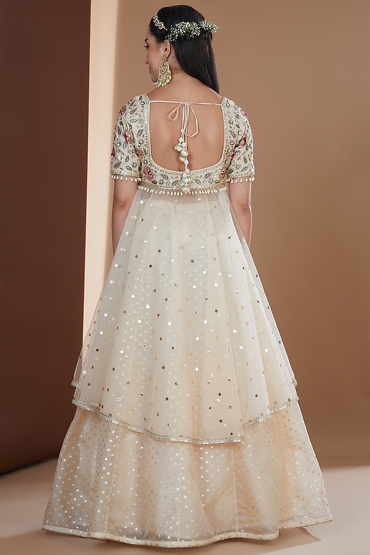Ecru Banarasi Zari Booti Organza Wedding Lehenga Set by Ivory by dipika at Pernia's Pop Up Shop