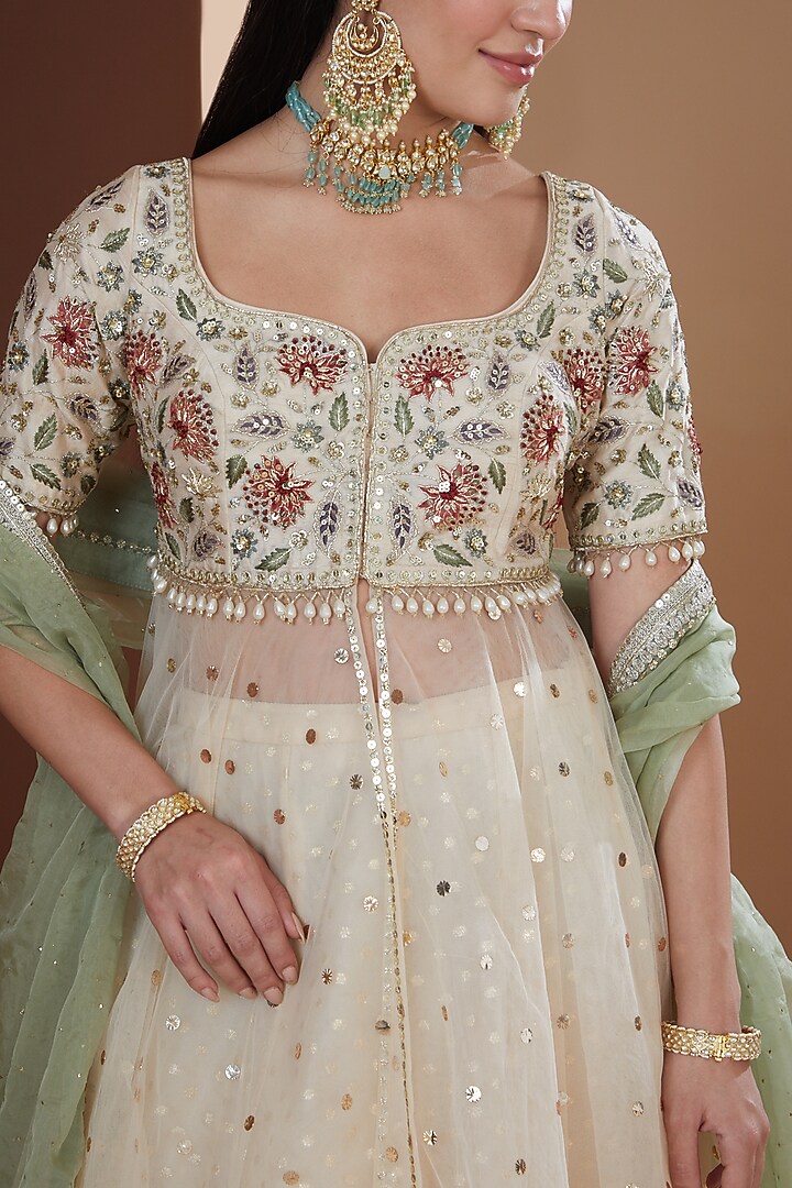 Ecru Banarasi Zari Booti Organza Wedding Lehenga Set by Ivory by dipika at Pernia's Pop Up Shop
