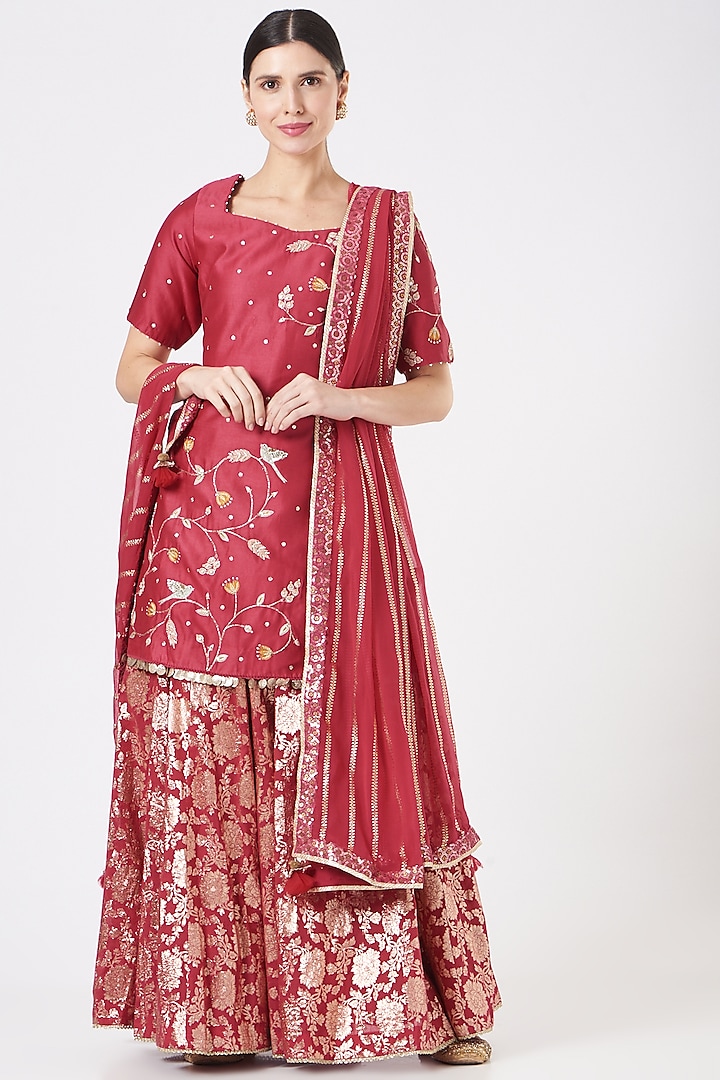 Cherry Red Banarsi Chanderi Sharara Set  by Ivory by dipika at Pernia's Pop Up Shop