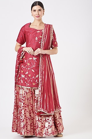 Cherry Red Banarsi Chanderi Sharara Set  by Ivory by dipika