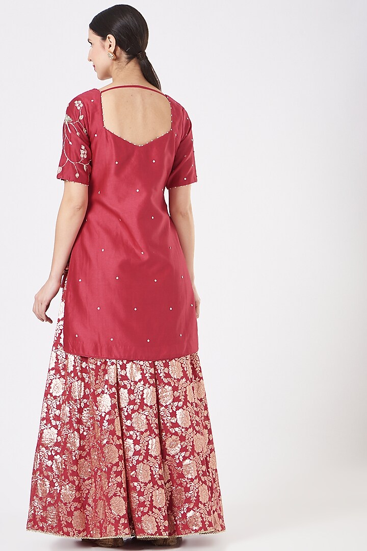 Cherry Red Banarsi Chanderi Party Wear Sharara Set by Ivory by dipika at Pernia's Pop Up Shop