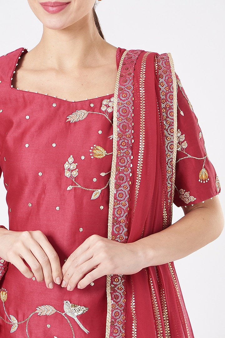 Cherry Red Banarsi Chanderi Party Wear Sharara Set by Ivory by dipika at Pernia's Pop Up Shop