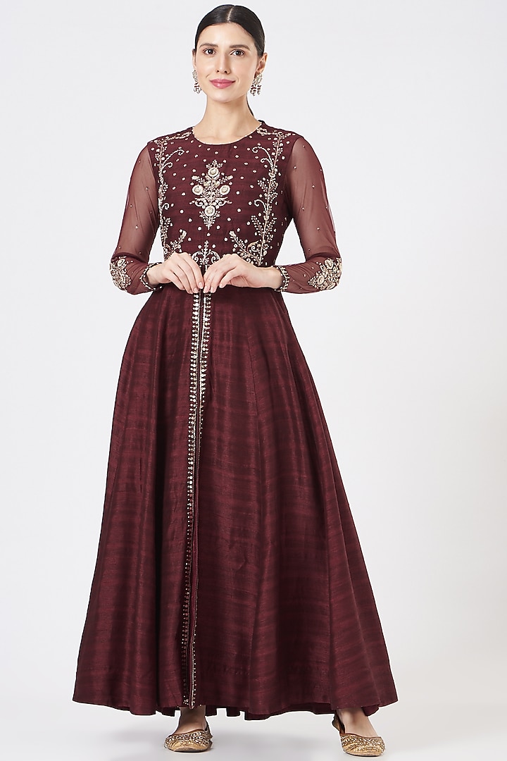 Wine Silk Embroidered Anarkali Set  by Ivory by dipika
