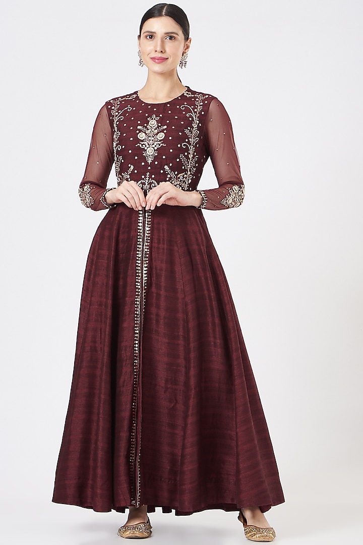 Wine Silk Embroidered Anarkali Set  by Ivory by dipika at Pernia's Pop Up Shop