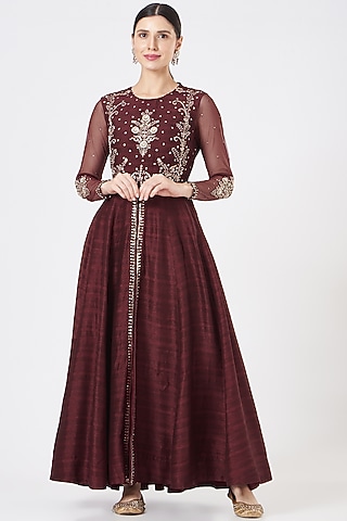 Wine Silk Embroidered Anarkali Set  by Ivory by dipika